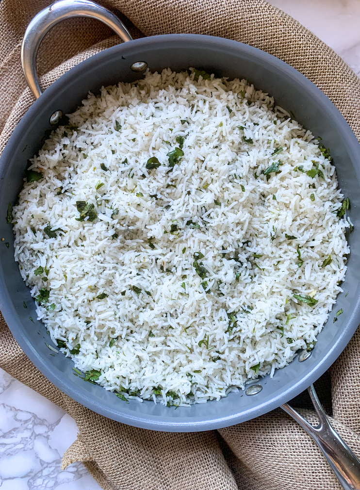 garlicky cilantro lime rice aerial view full pan