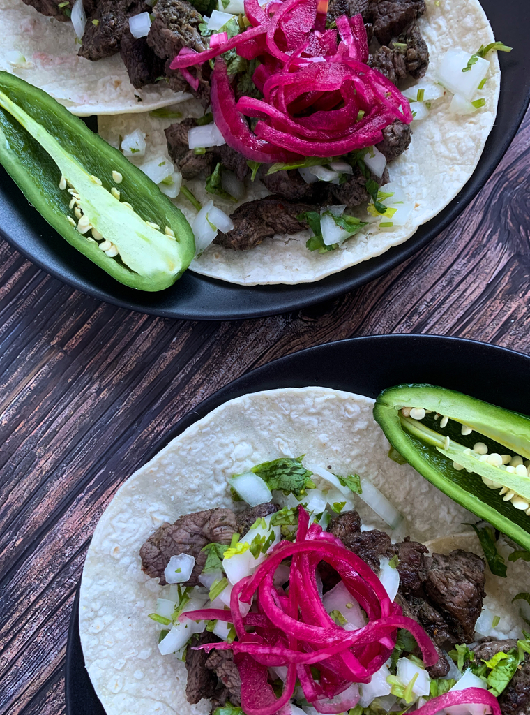 easy pickled onions on tacos aerial view
