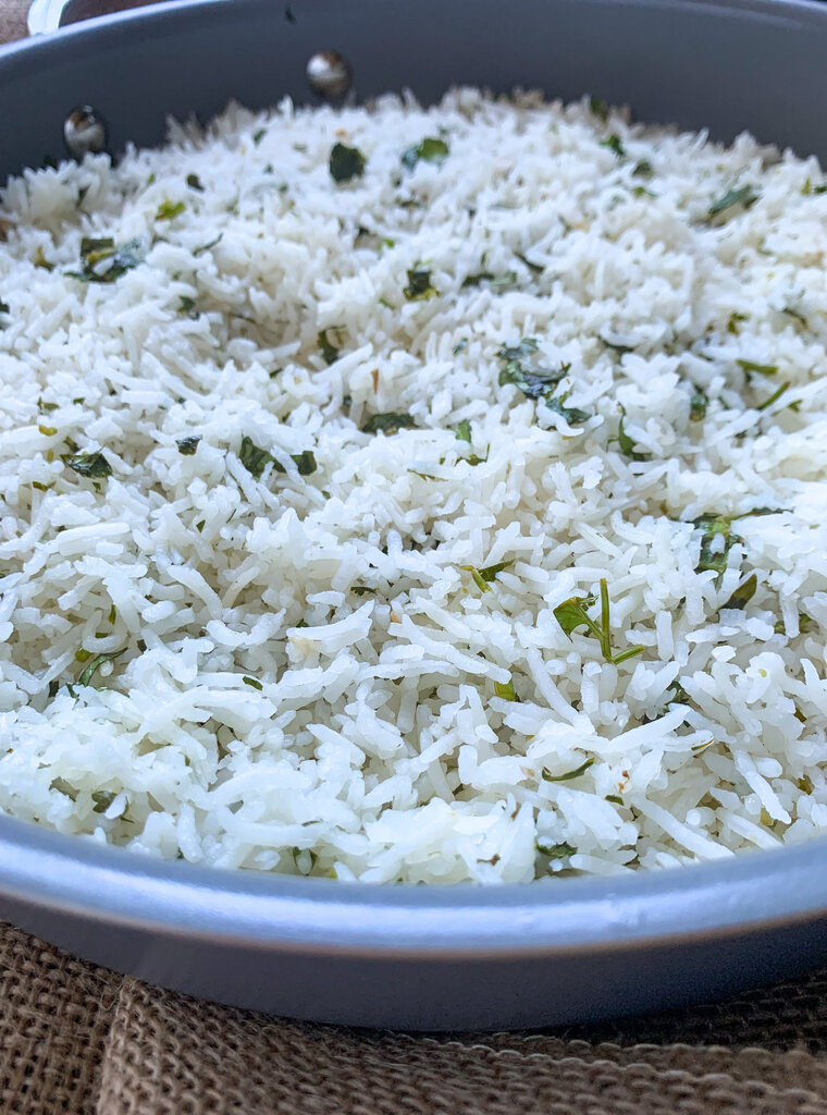 garlicky cilantro lime rice close up shot