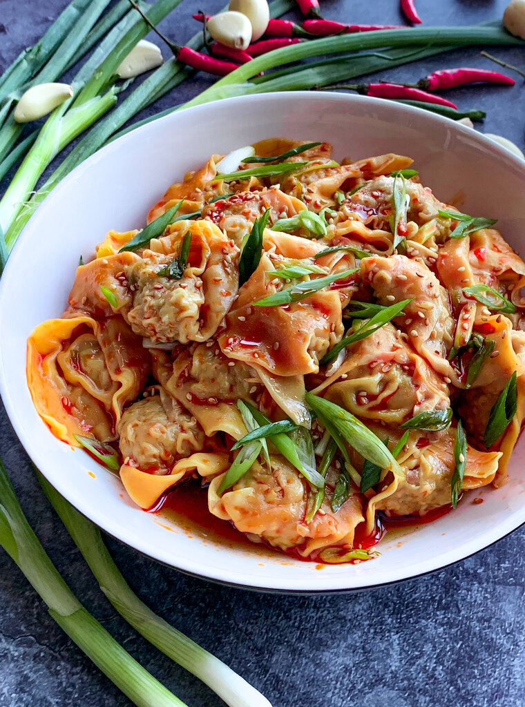 spicy wontons in chili scallion oil front