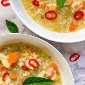chicken and leek congee close up shot of bowls