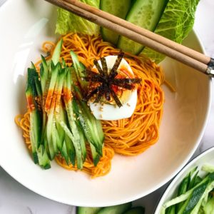 bibim guksu korean spicy cold noodles with cucumber and boiled egg