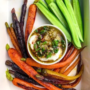 Roasted Carrots with Spiced Yogurt Dip Aerial View