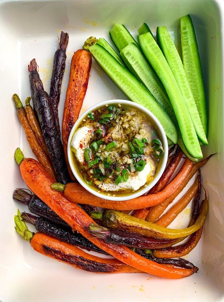 Roasted Carrots with Spiced Yogurt Dip Aerial View