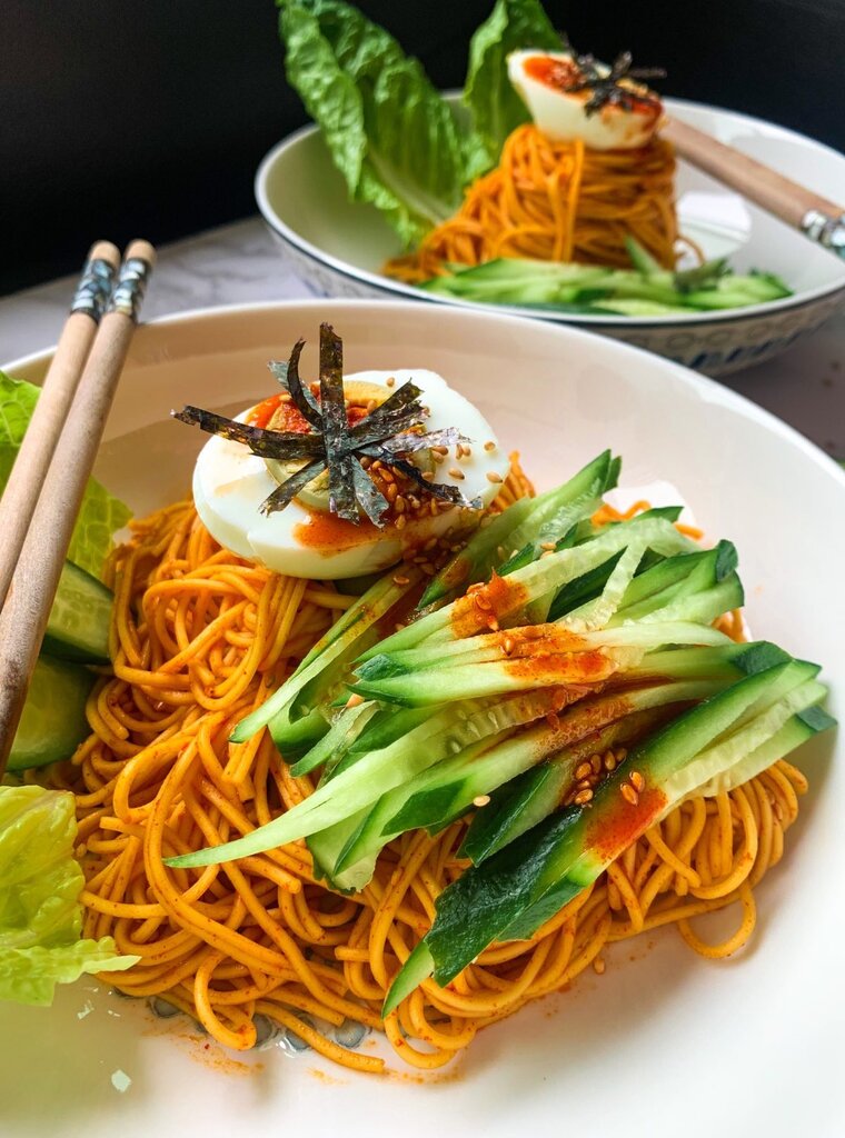 bibim guksu side shot with boiled egg