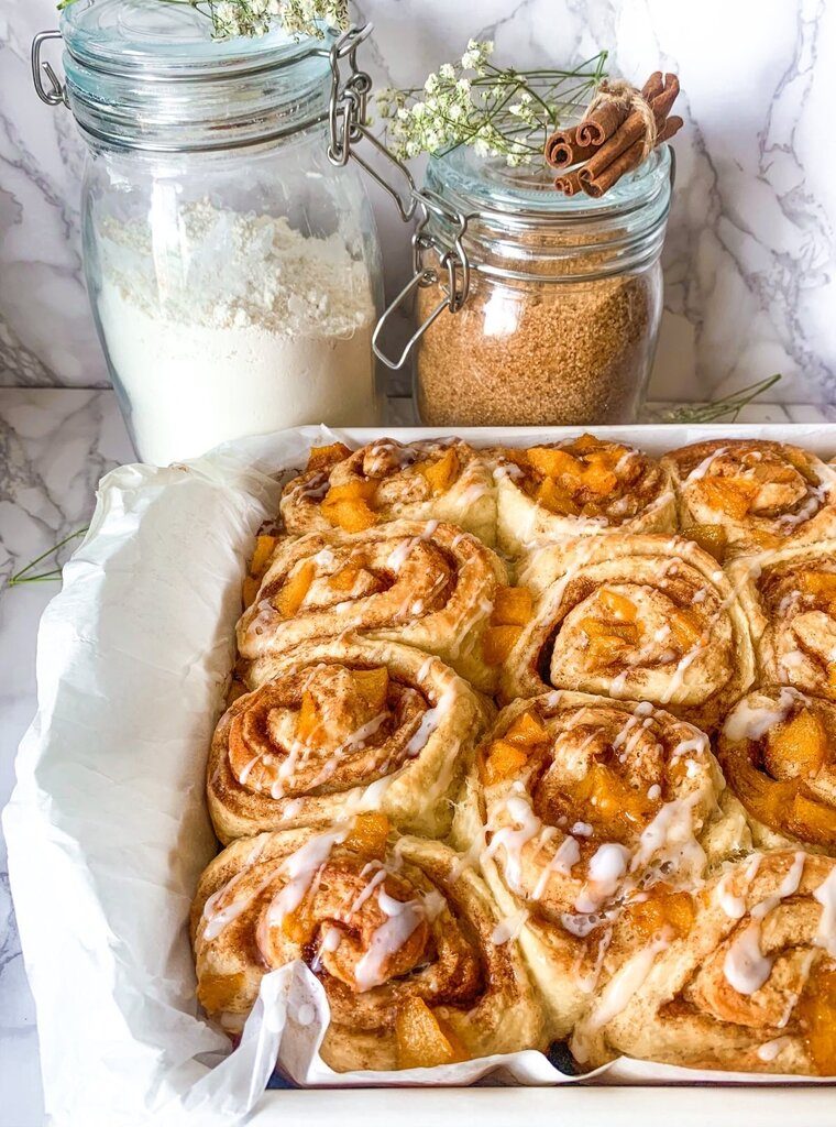 Spiced Peach Brioche Buns in Baking Pan with Brown sugar and flour
