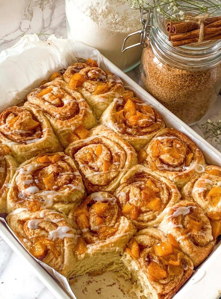 Spiced Peach Brioche Buns in baking dish