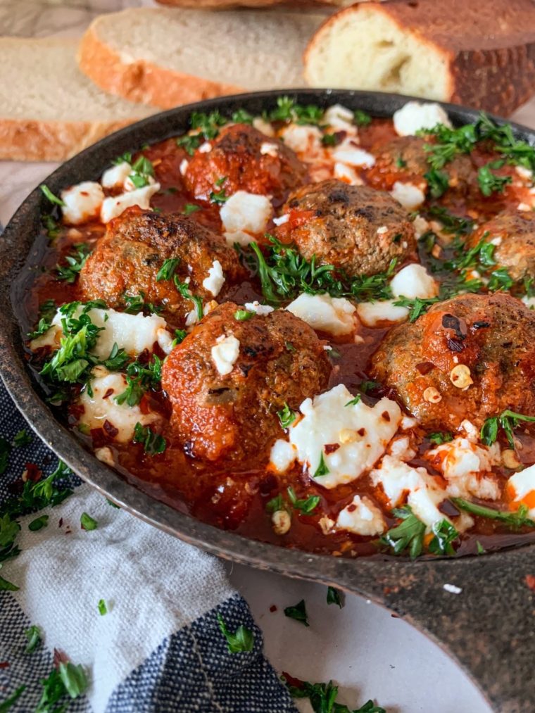 shakshuka lamb meatballs with feta and parsley