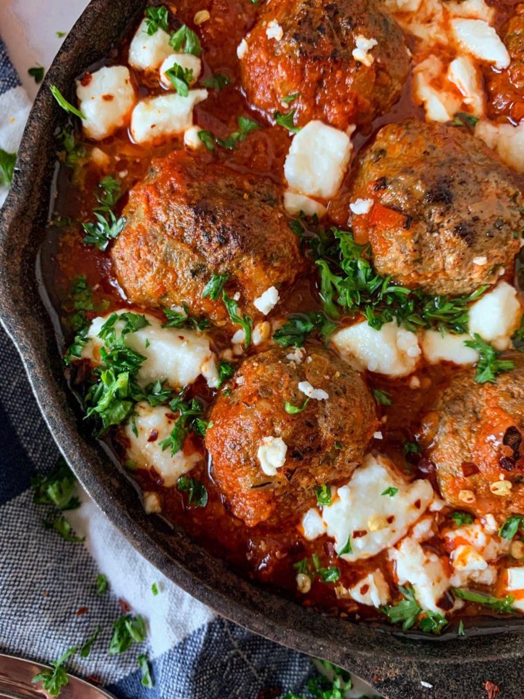 shakshuka meatballs with lamb and feta