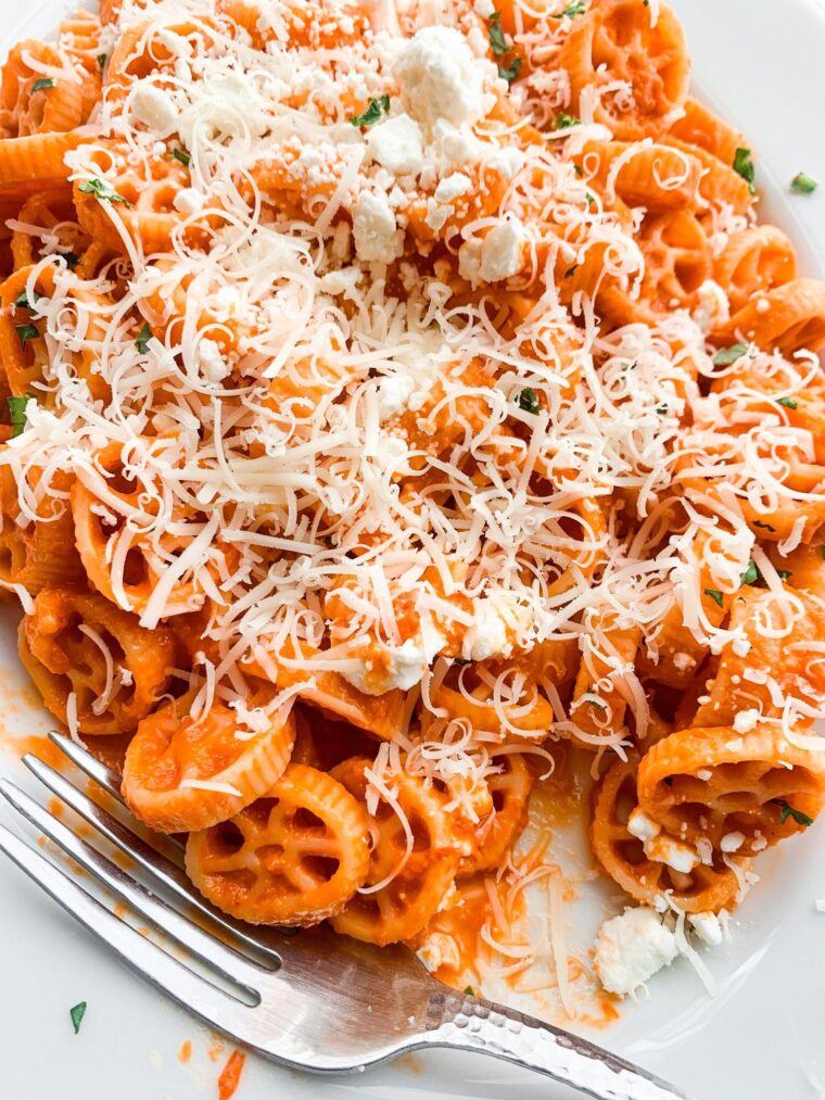 creamy red pepper pasta with goat cheese and parmesan