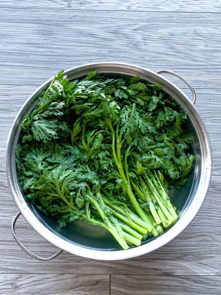 chrysanthemum greens in a bowl of water