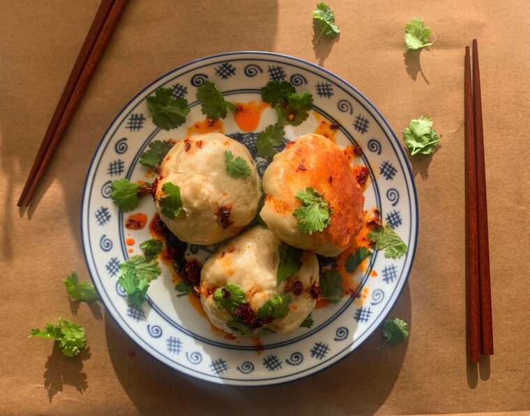 aerial view of Chinese steamed bao buns