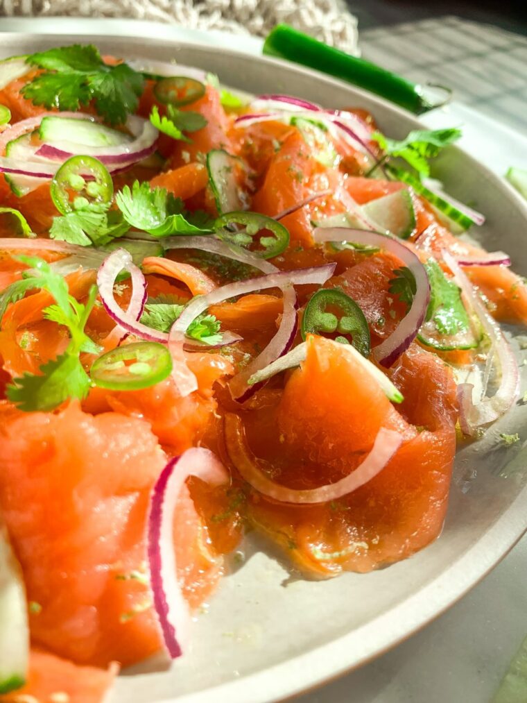 smoked salmon crudo with lime and serrano pepper