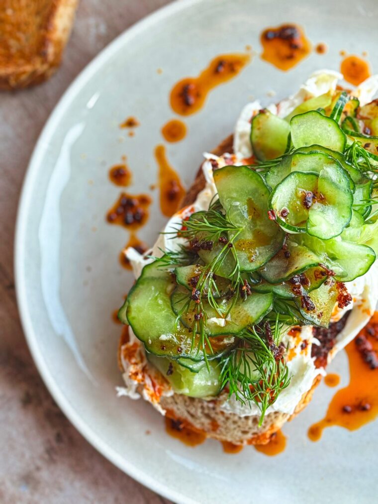 cucumber lox with burrata on toast