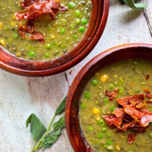 pea and bean soup with crispy ham